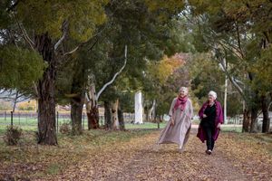Maggie Beer and Stephany Alexander walking in Autumn Leaves on a country Driveway