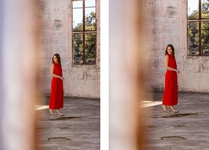 Kirstie Fitzpatrick, weather presenter and Journalist from 7 News Regional wearing a red dress at the Mount Stromlo Observatory