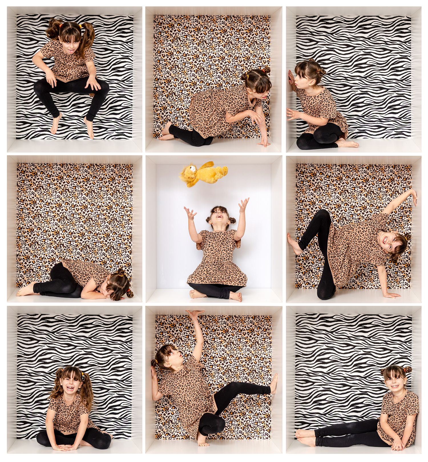Creative portrait series against alternating zebra print and floral backdrops showcasing dynamic poses and movement.