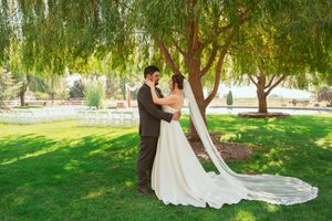 Wedding party members gathered under large willow trees on manicured lawn.
