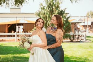 A sequence of joyful outdoor wedding photos showing celebration and embrace across multiple candid moments.