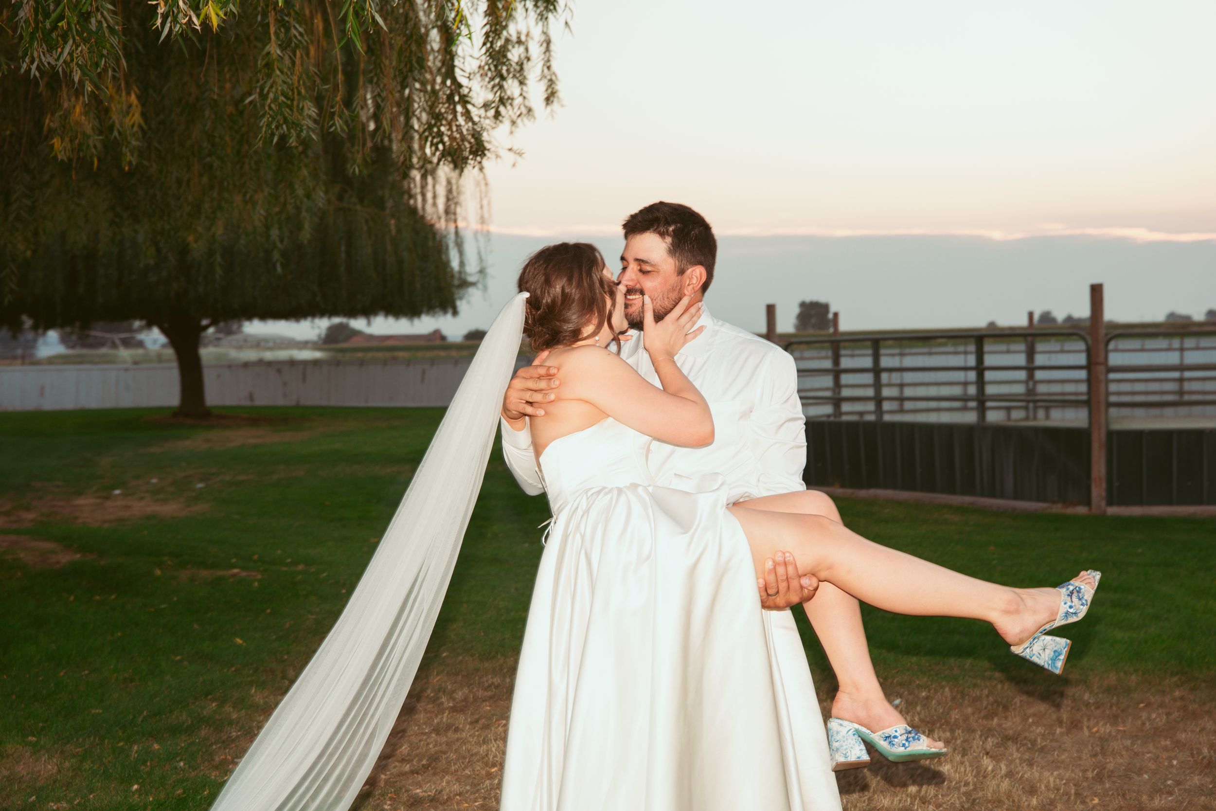A romantic sunset wedding photo captures a couple in an intimate moment under a willow tree.