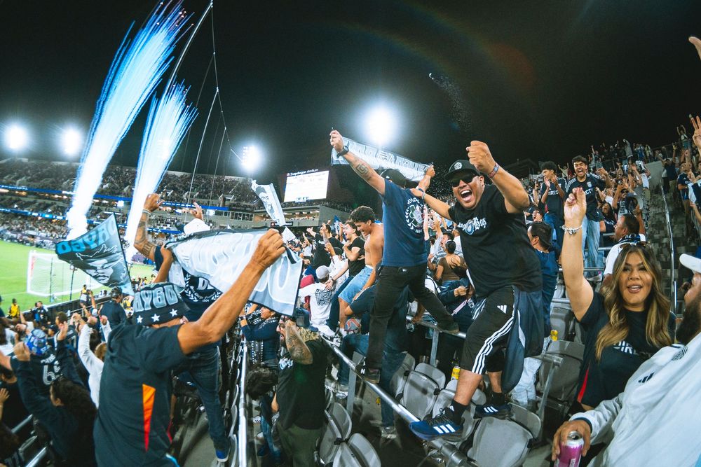 A stadium celebrates with people cheering and smiling