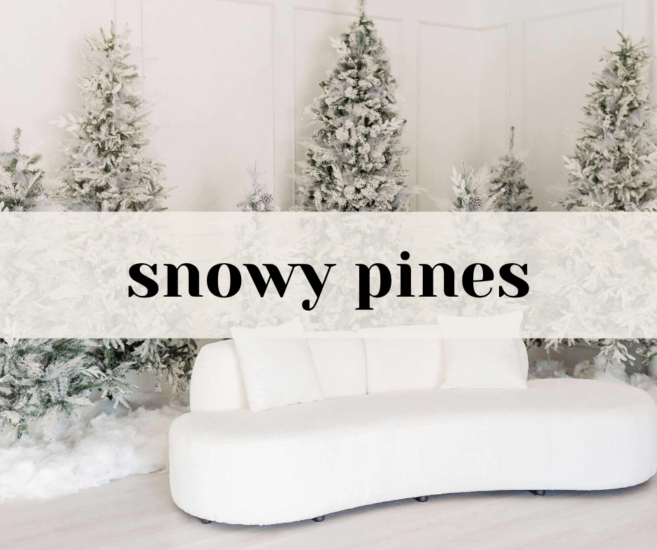 Snowy pine trees in a winter forest with snow covered branches against a white cloudy sky.
