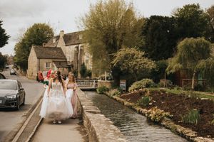 A collection of scenic countryside wedding photos showing garden paths, stone buildings, and a tranquil canal setting.