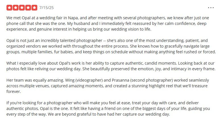 Two columns of text on a white background discuss photography techniques and client experiences in a professional manner.