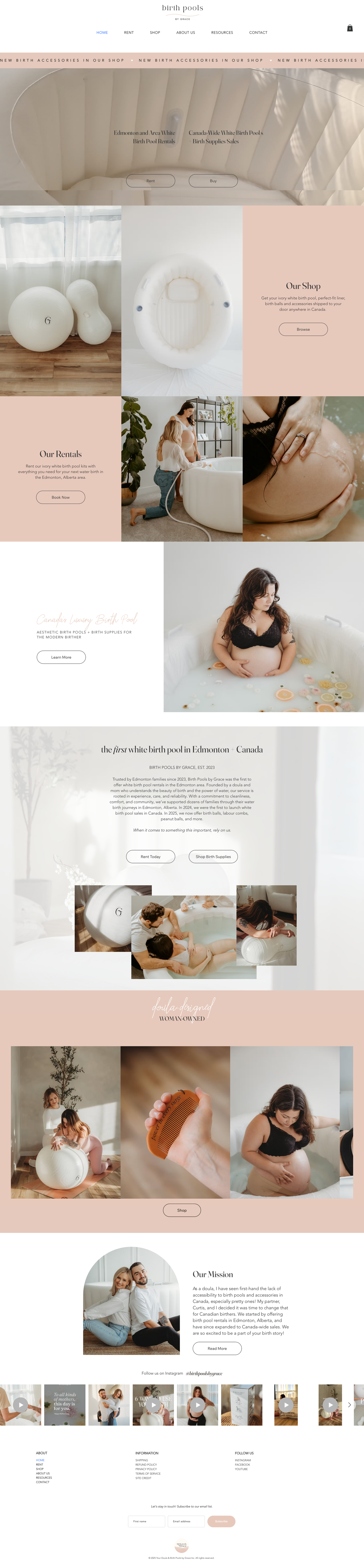 Modern minimalist birth pool website design with soft pink and white color scheme showcasing birthing products and spa elements.