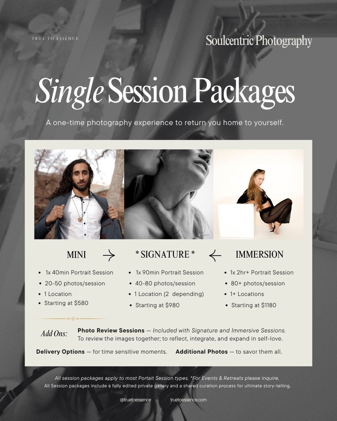 Photography studio pricing packages displayed in black and white with session options and photo review assistance details.