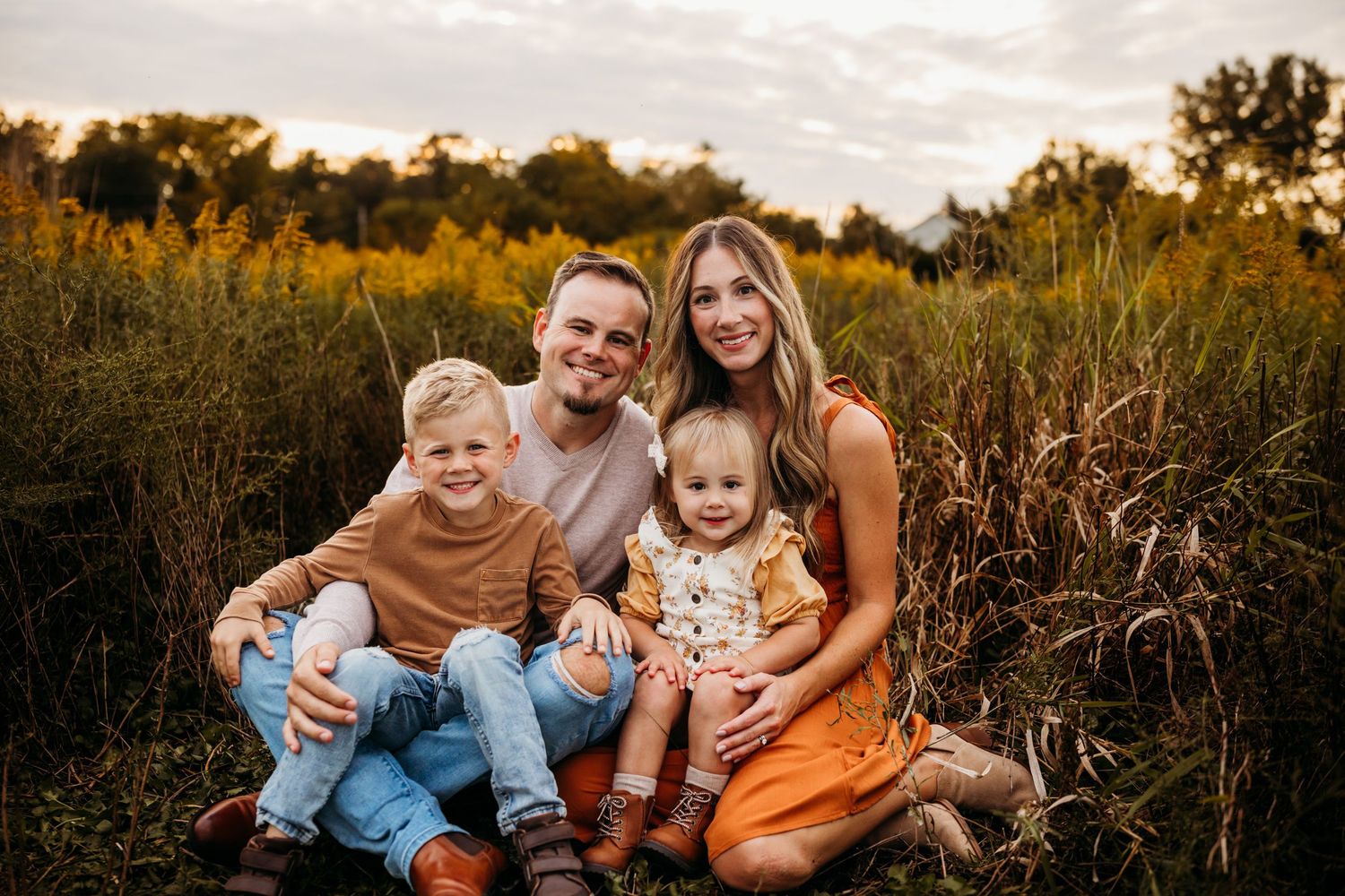 A series of candid outdoor family portraits showing joyful moments together in a natural garden setting.