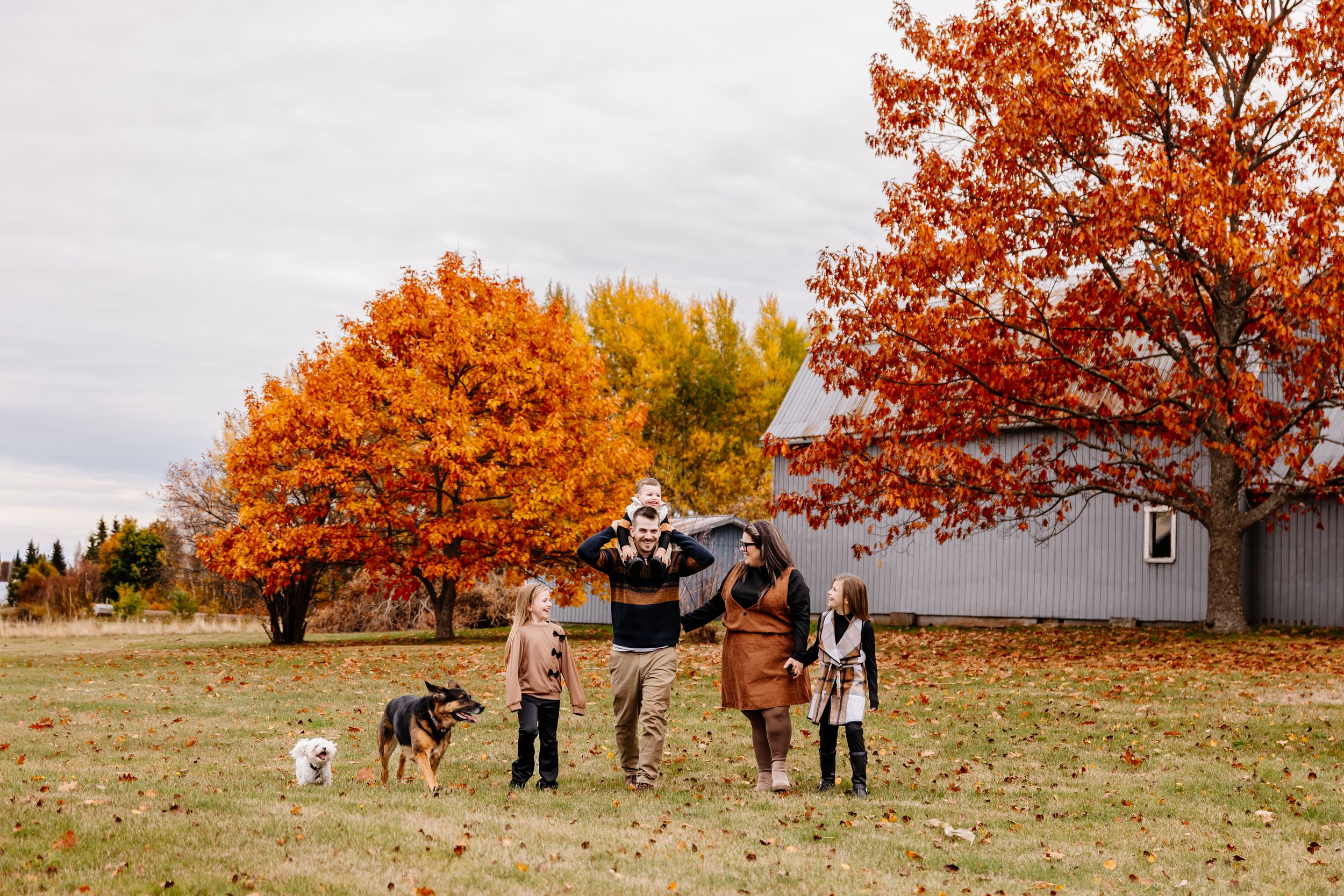 Family with dog and horse posing outdoors among vibrant red and orange autumn trees on a farm.