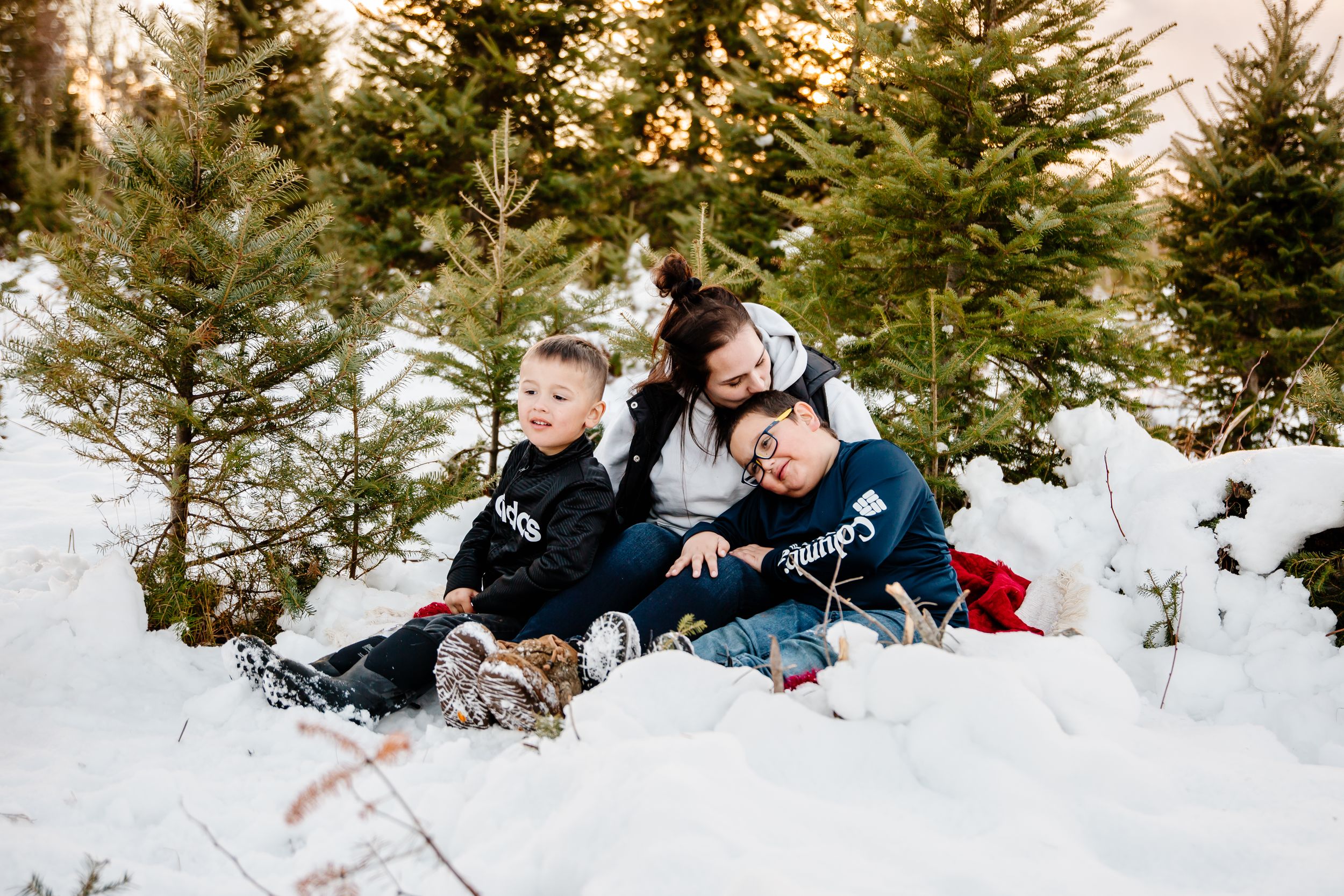 A mother and her two young children laugh together while sledding in a snowy Christmas tree farm.