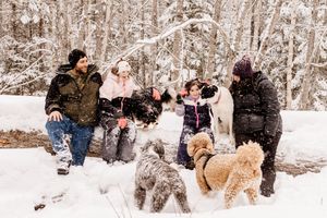 Family with two children and three dogs enjoying a snowy winter day in a snow-covered forest.