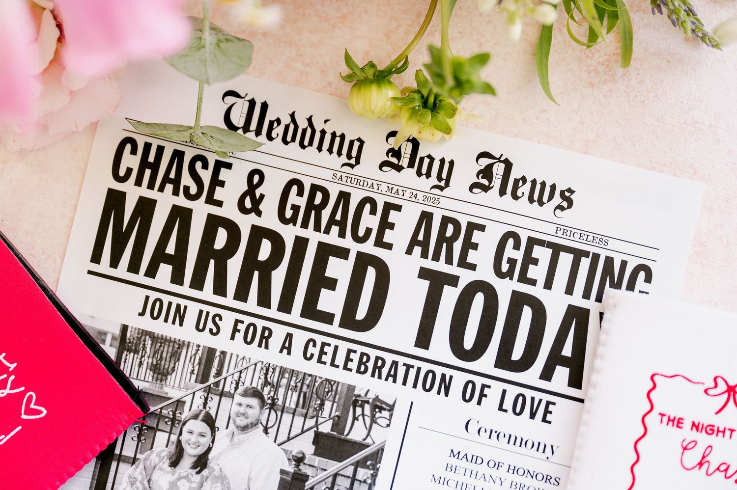 Wedding announcement headlines in vintage newspaper style with decorative typography.