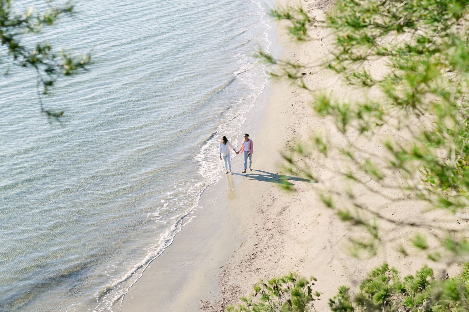 Aerial panoramic view of a sandy beach with gentle waves lapping at the shoreline and green vegetation above.