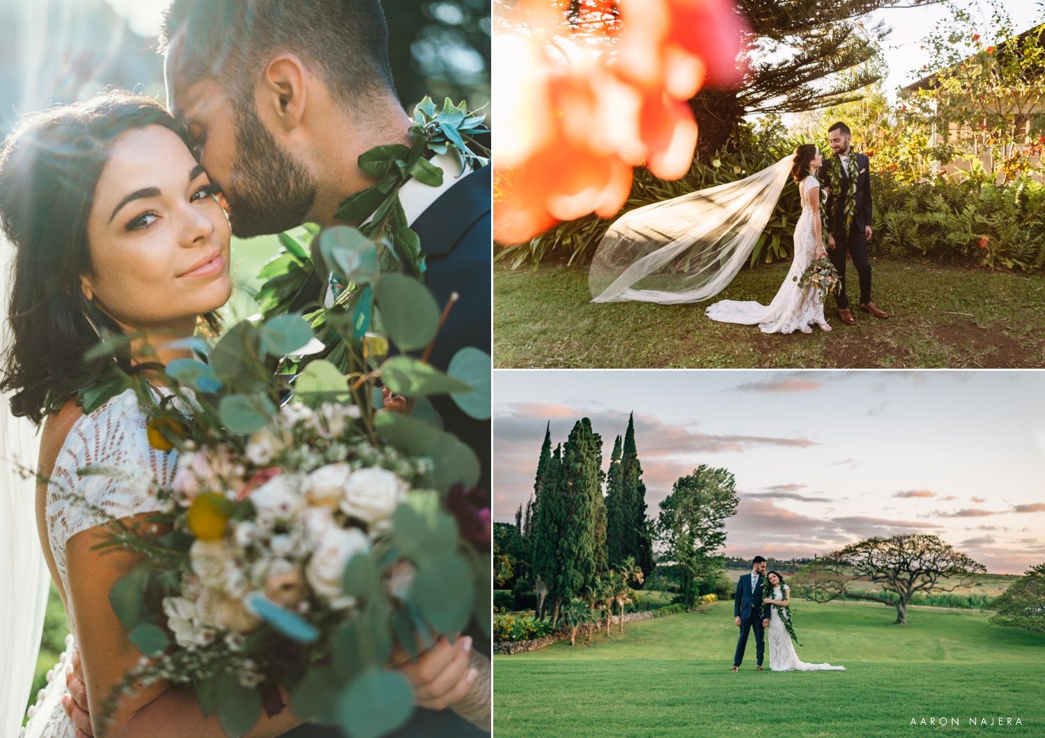 Romantic wedding photography collage featuring garden portraits and sunset ceremony shots.