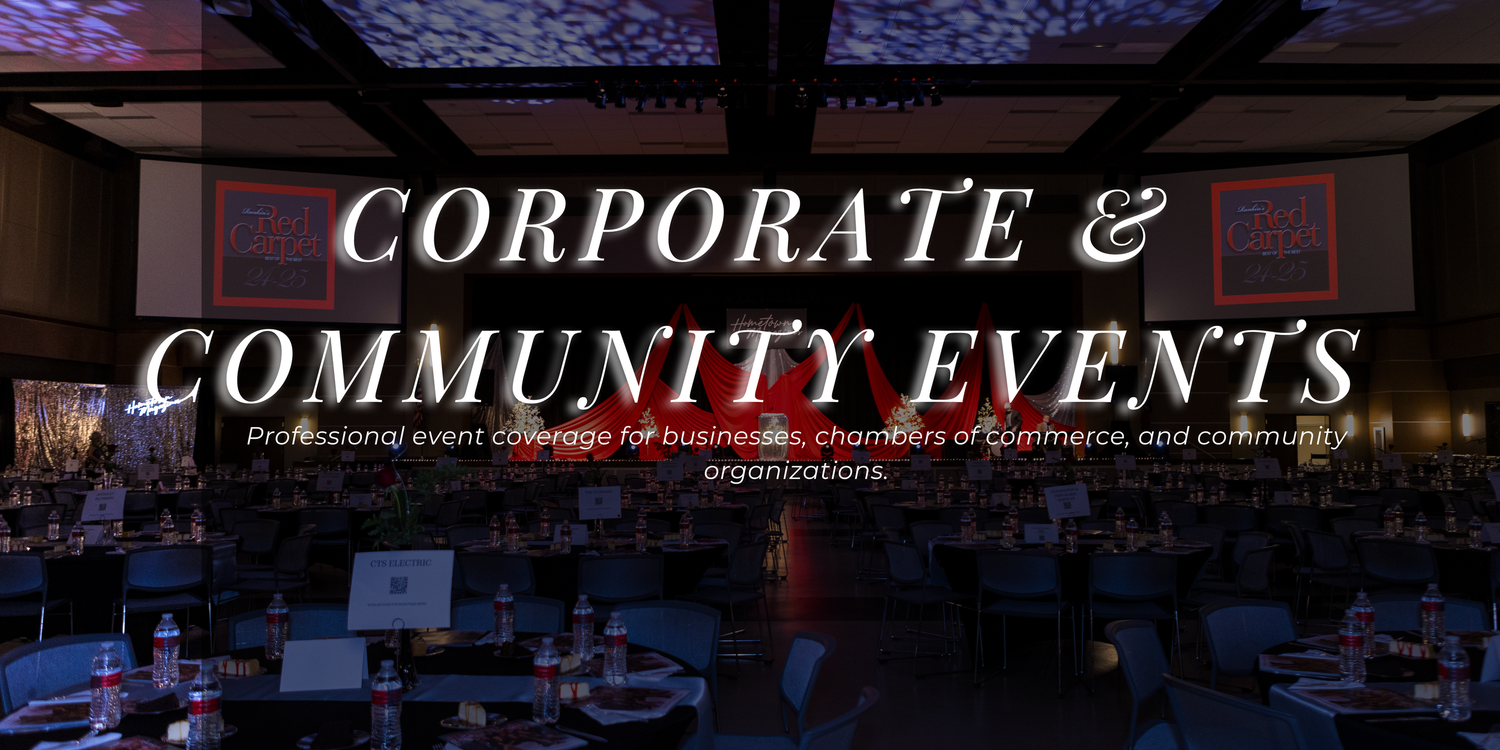 A dark blue website header banner displays corporate and community events sections with white text overlay.