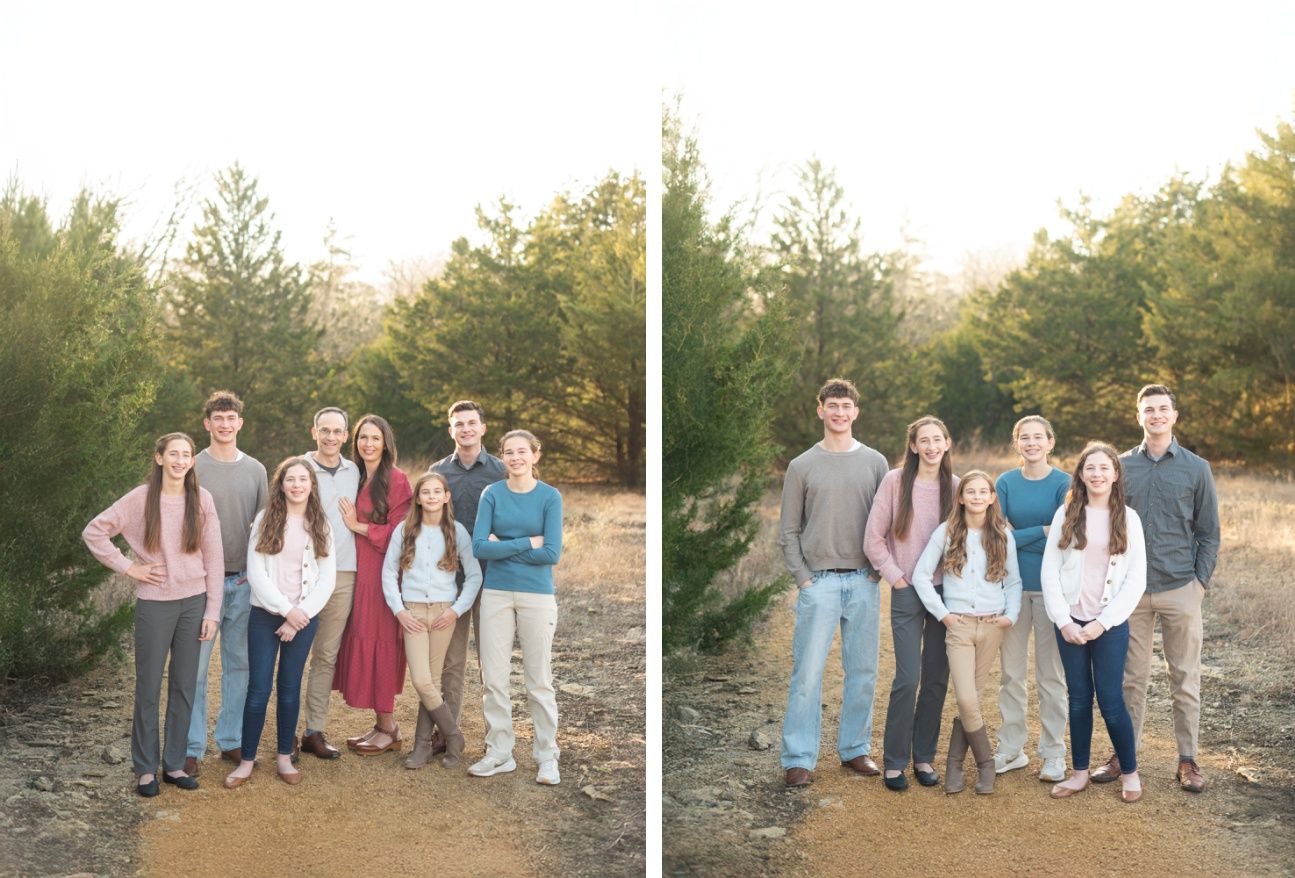 Family of 8 Portrait Session with Evergreens in Winter by Bartlesville Photographer Kristi Bray Photography