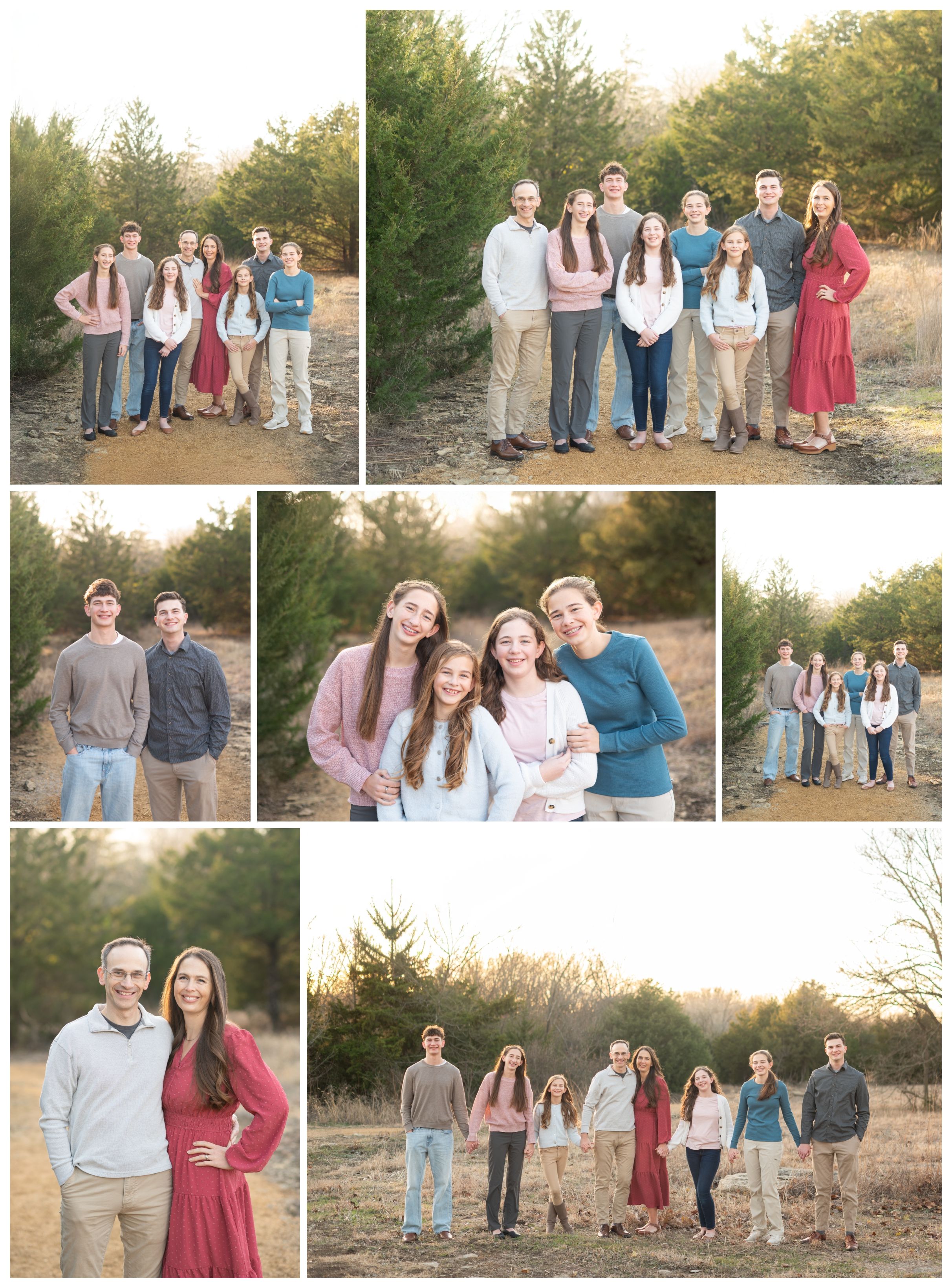 Family of 8 Portrait Session with Evergreens in Winter by Bartlesville Photographer Kristi Bray Photography