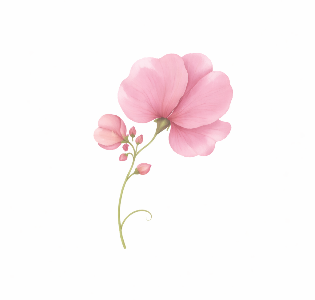 Delicate pink poppy flowers and buds illustrated in a soft watercolor style against a white background.