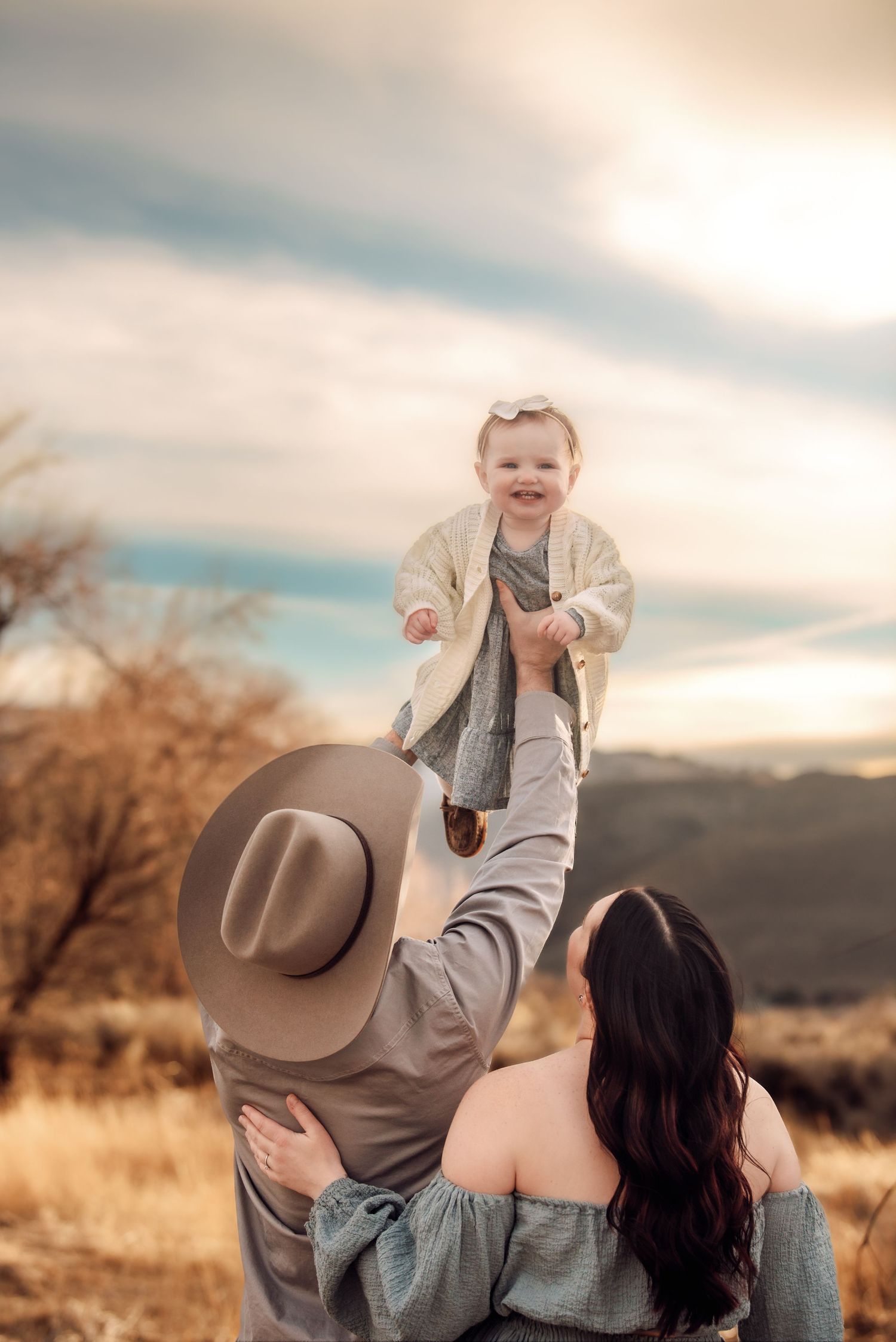 A sequence of joyful moments captured at sunset in a desert landscape with a person wearing a cowboy hat.