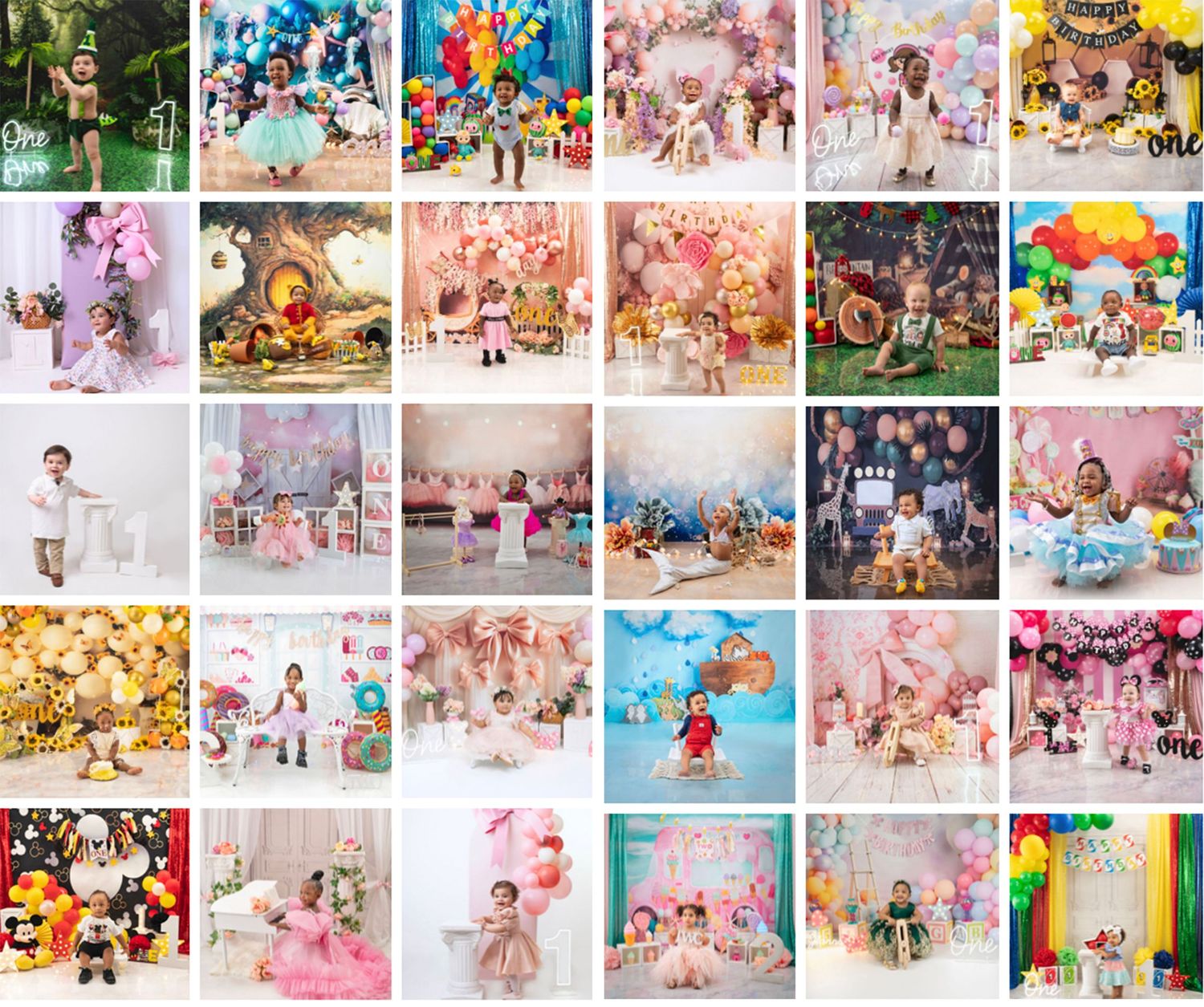 Colorful grid collage of festive outdoor celebrations with confetti, balloons and party decorations in pastel tones.