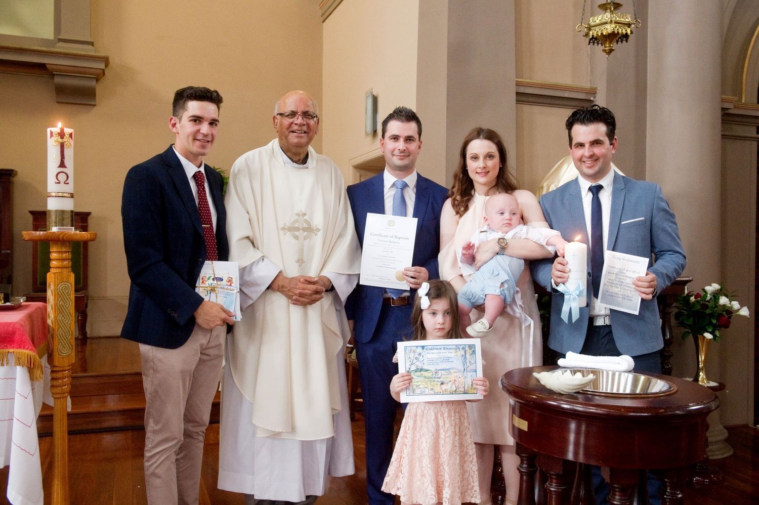 A series of candid baptism ceremony photos showing people gathered in a church.