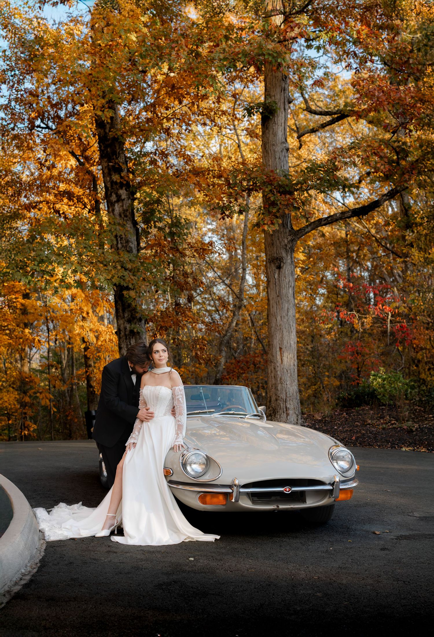 A vintage silver Jaguar E-Type parked in a scenic autumn forest setting with golden foliage creating a romantic backdrop.
