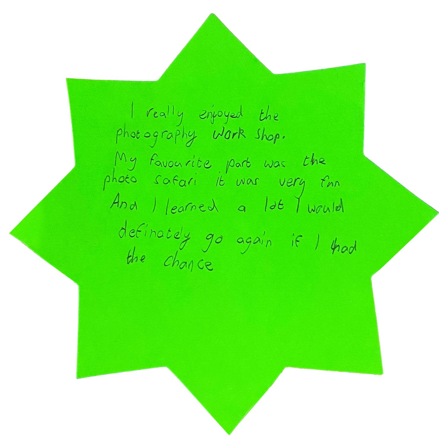 Green star-shaped sticky notes with handwritten text displayed in sequence.