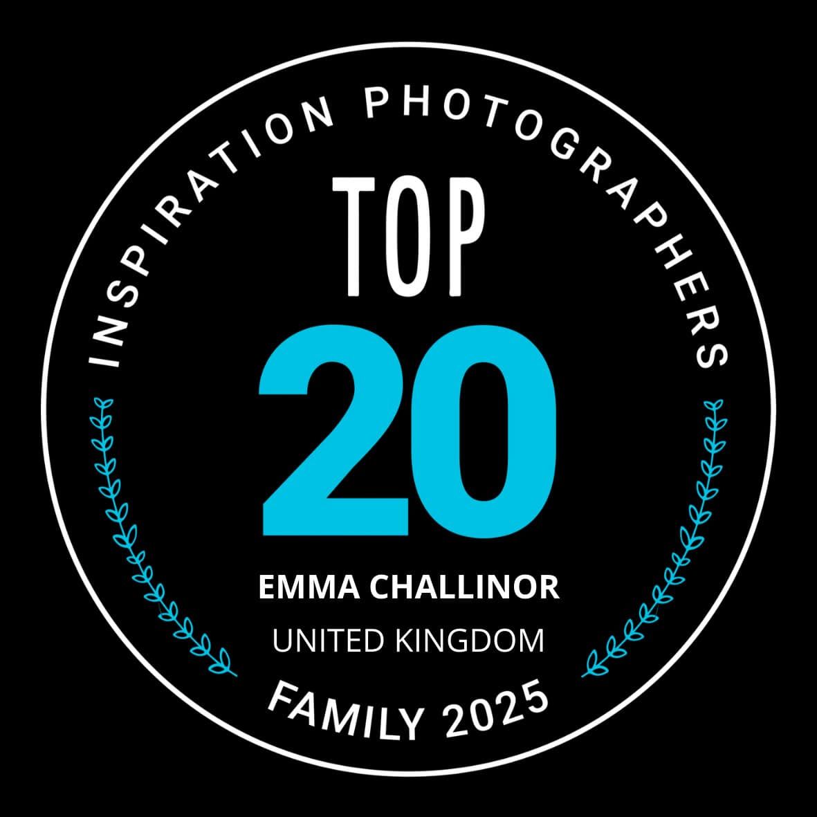 banner showing that Emma Challinor, UK, was in the Top 20 of the Inspiration Family Photographers of 2025.