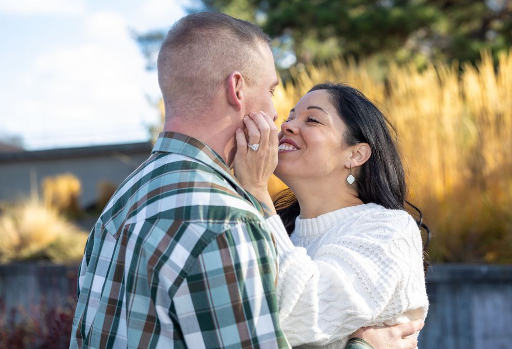 Couple engagement photography at park.