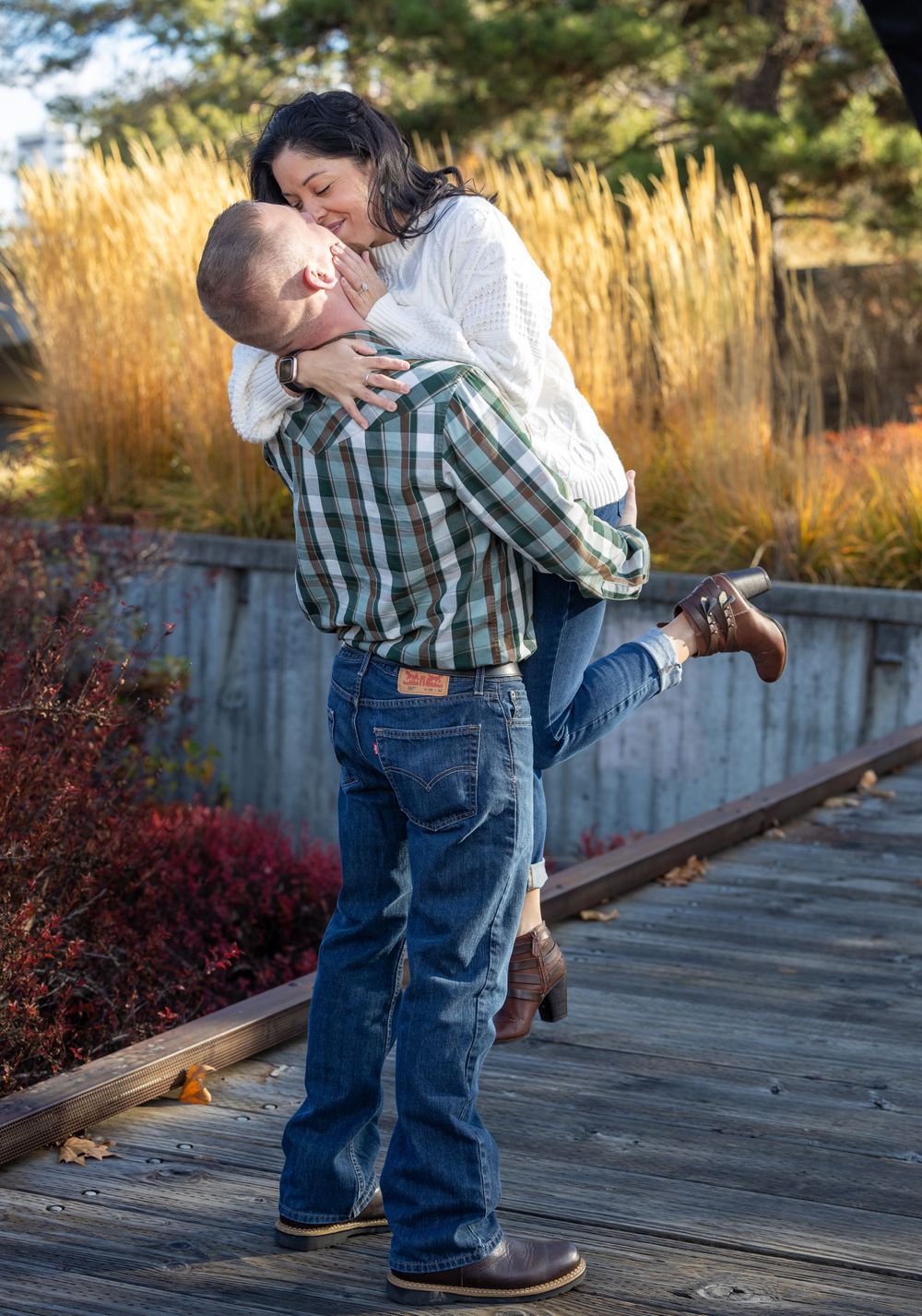 Couple engagement photography at park.