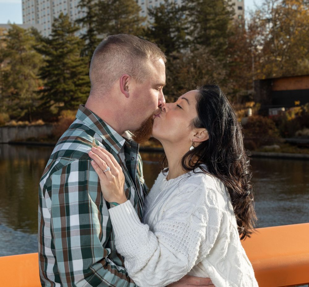 Couple engagement photography at park.