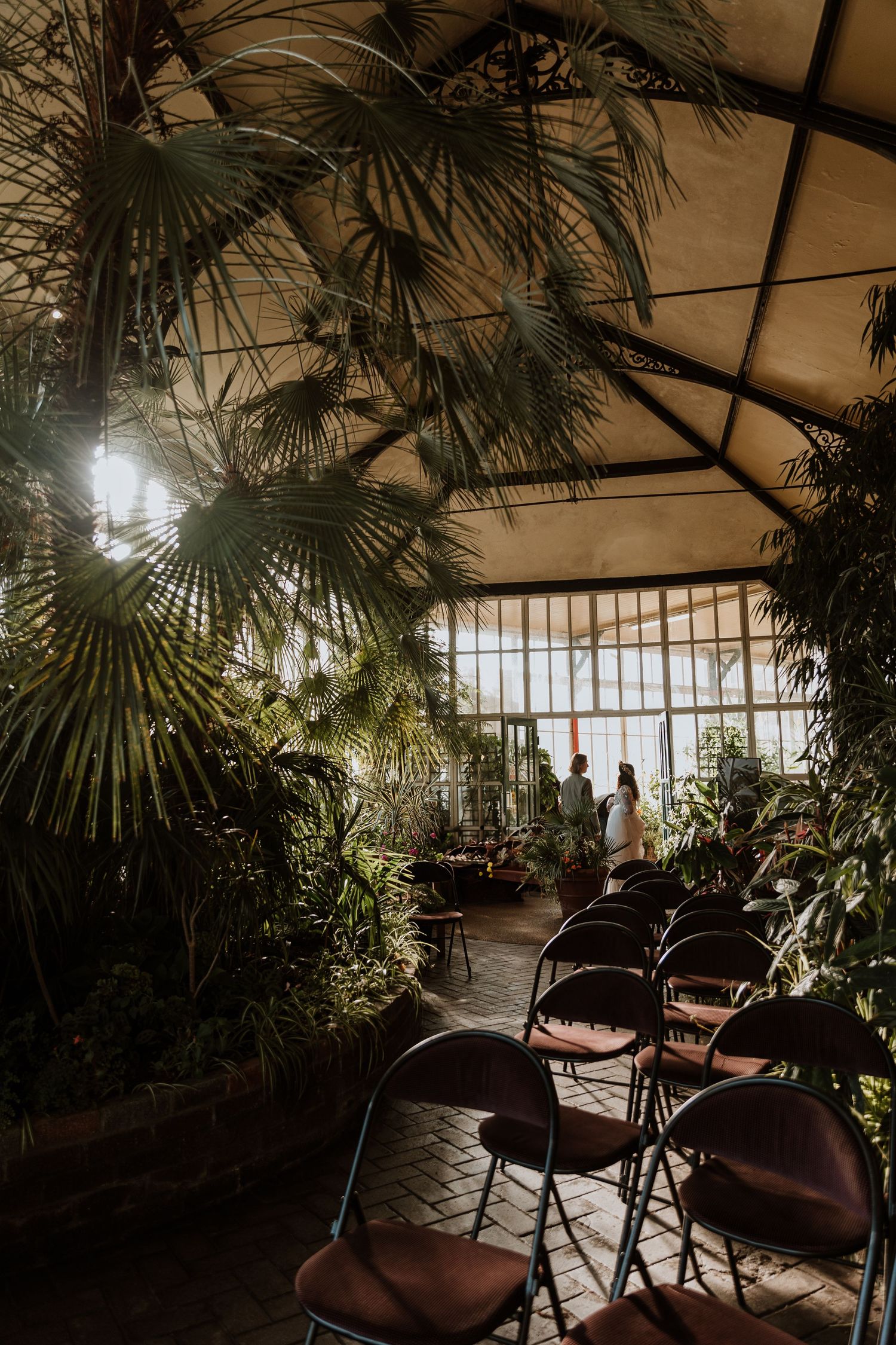 Interior view of a tropical greenhouse seating area with palm fronds and folding chairs arranged in rows.