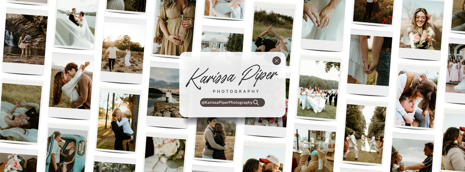 Collage showcasing diverse photography portfolio by Karissa Piper, featuring weddings, portraits, family sessions