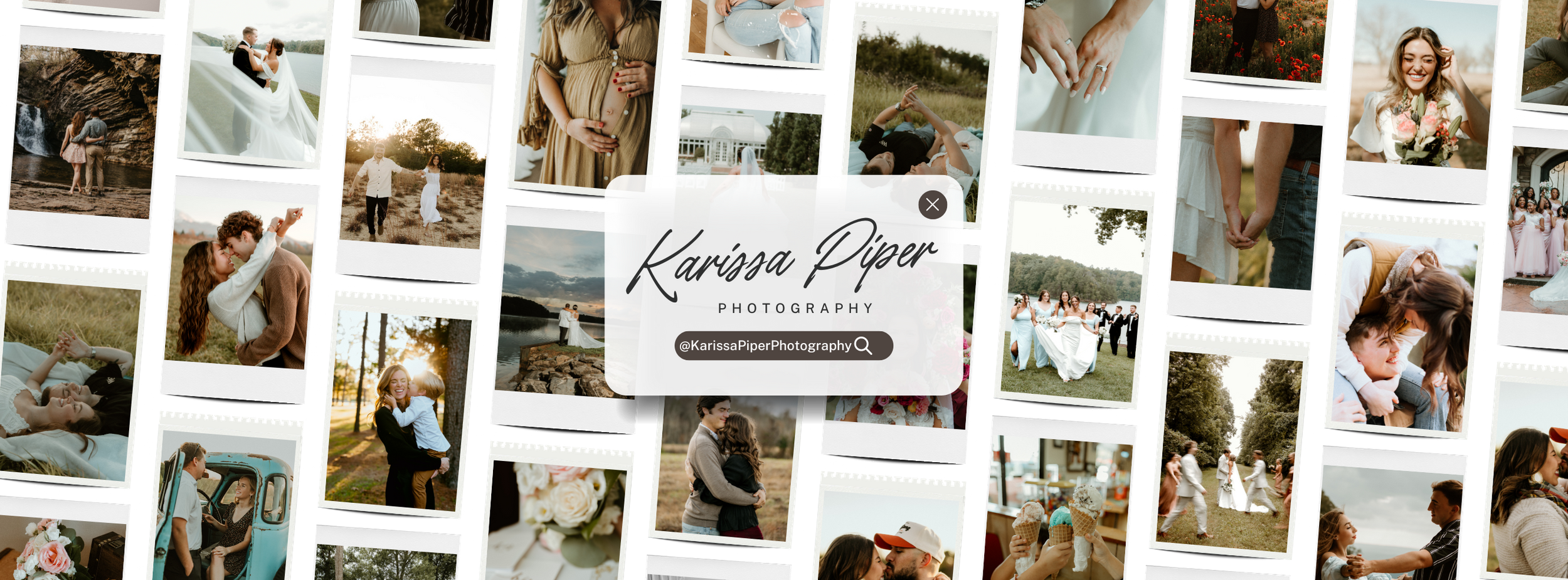 Collage showcasing diverse photography portfolio by Karissa Piper, featuring weddings, portraits, family sessions