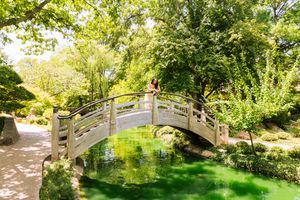Couple standing on a ornate stone bridge over a green pond in a lush Japanese garden.
