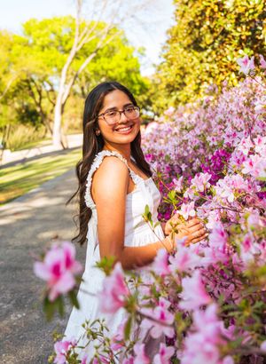 Young woman in white dress smiling among pink azalea blooms in a sunny park setting. Senior session dallas arboretum. Dallas TX photographer