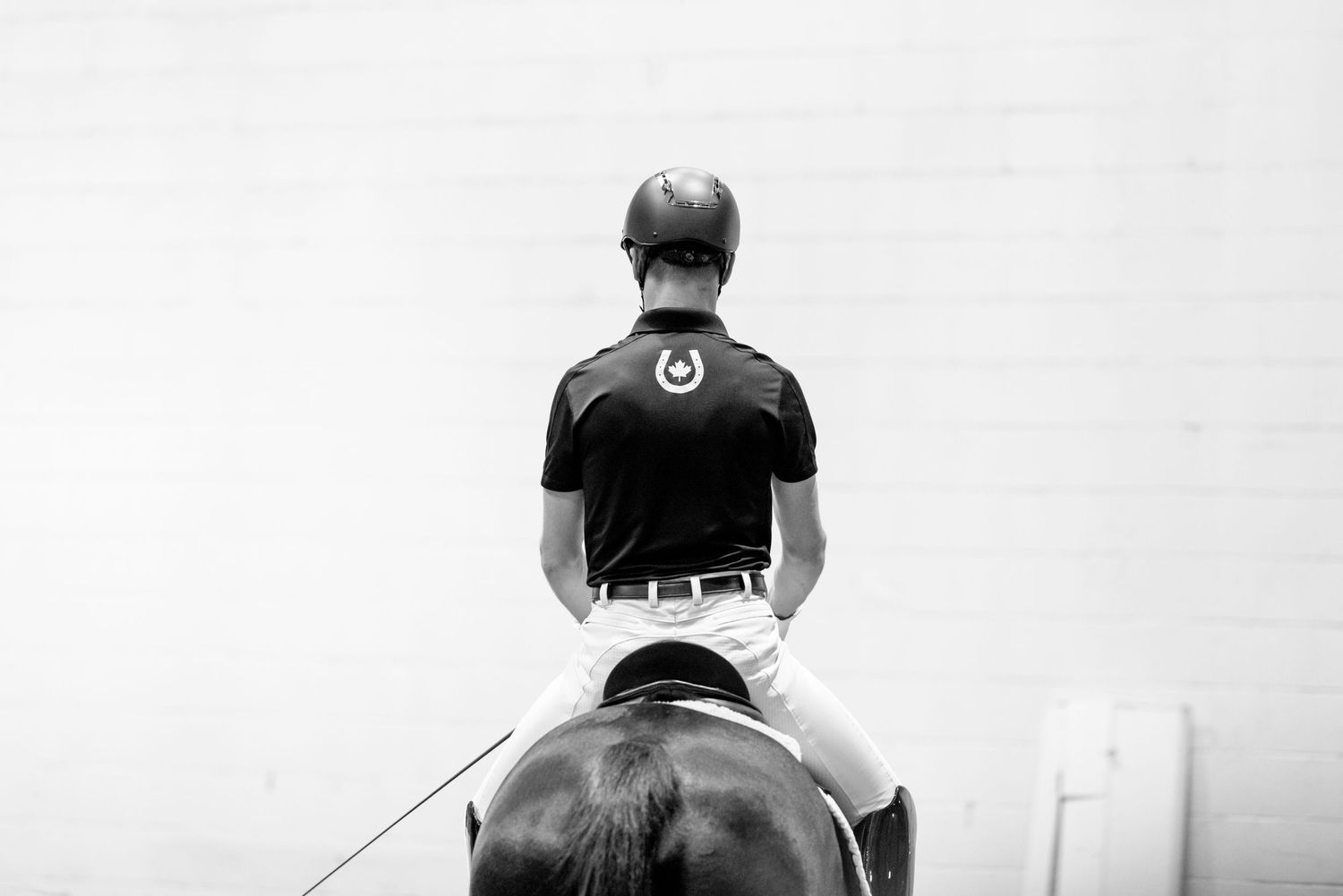 Black and white image of a person doing a dressage demo