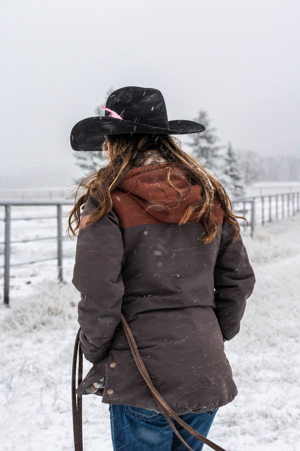 Winter scene showing a person in a black jacket and cowboy hat with their horse.
