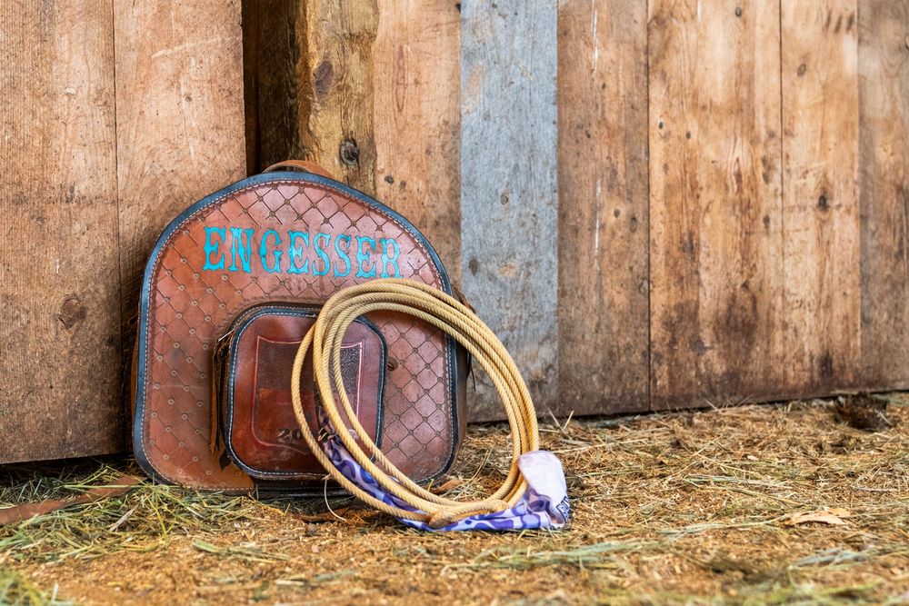 Row of weathered saddles lined up against a wooden barn wall.