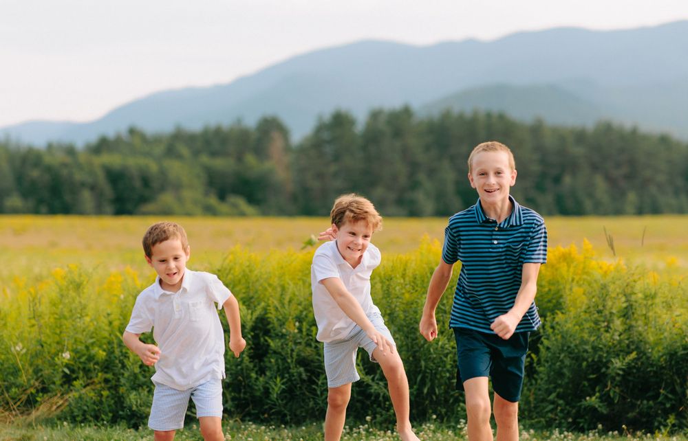 Three children play and laugh together in a sunny yellow wildflower field with mountains and forest in the background.