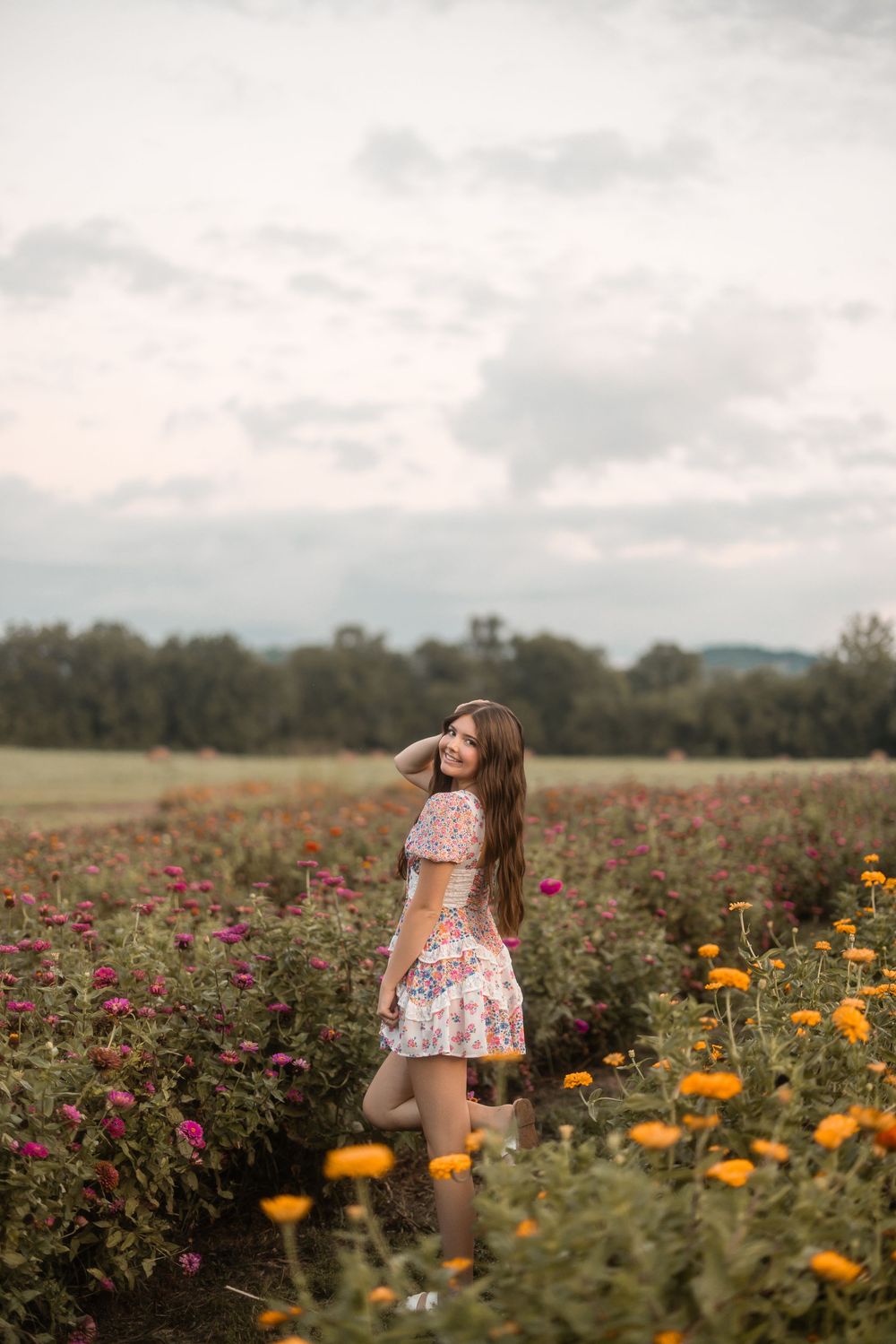A dreamy wildflower meadow scene with orange and pink blooms stretches into the distance under cloudy skies.