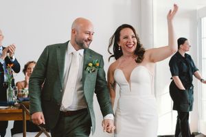 Sequence of candid wedding reception moments showing dancing, laughter and celebration in a bright indoor venue.