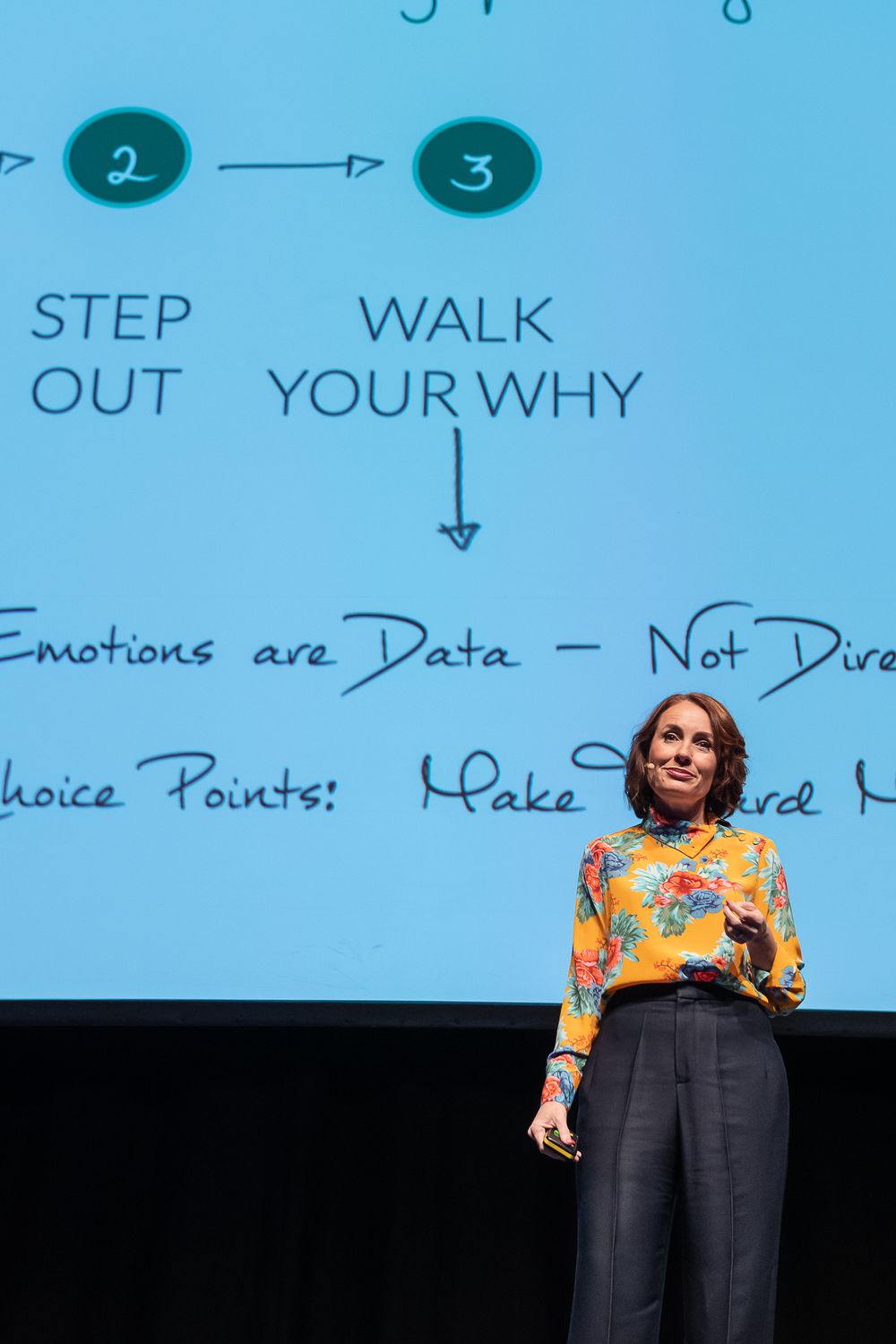 Presenter wearing yellow floral top and dark pants gestures during a professional talk with slides visible in background.
