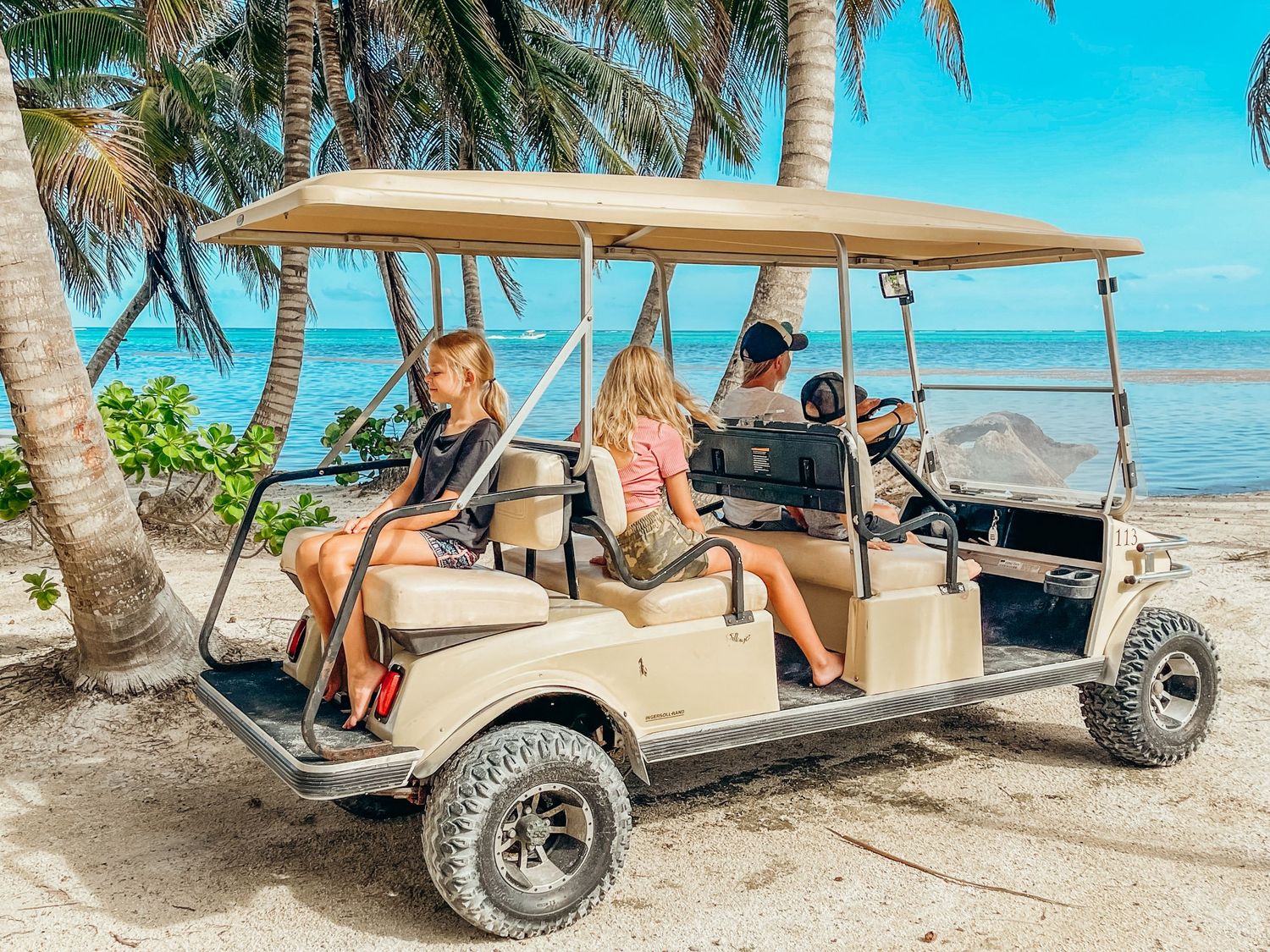 Golf cart driving along a tropical beach with palm trees and turquoise ocean views.