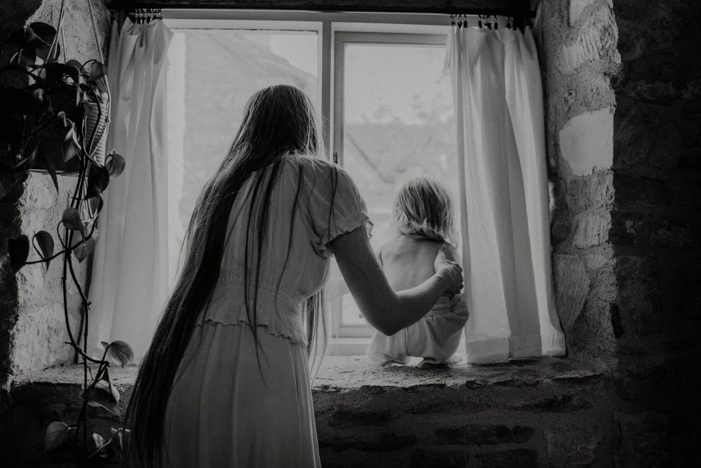 mother and son looking at the views in Nailsworth, UK