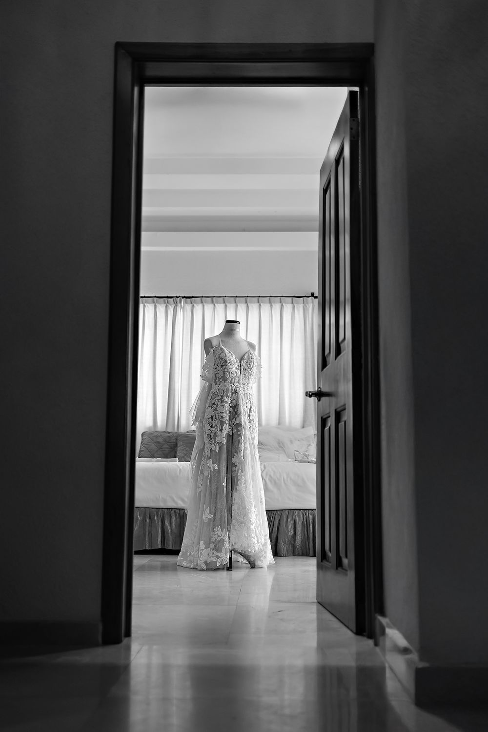 Black and white bridal portrait framed in the doorway at Villa La Joya
