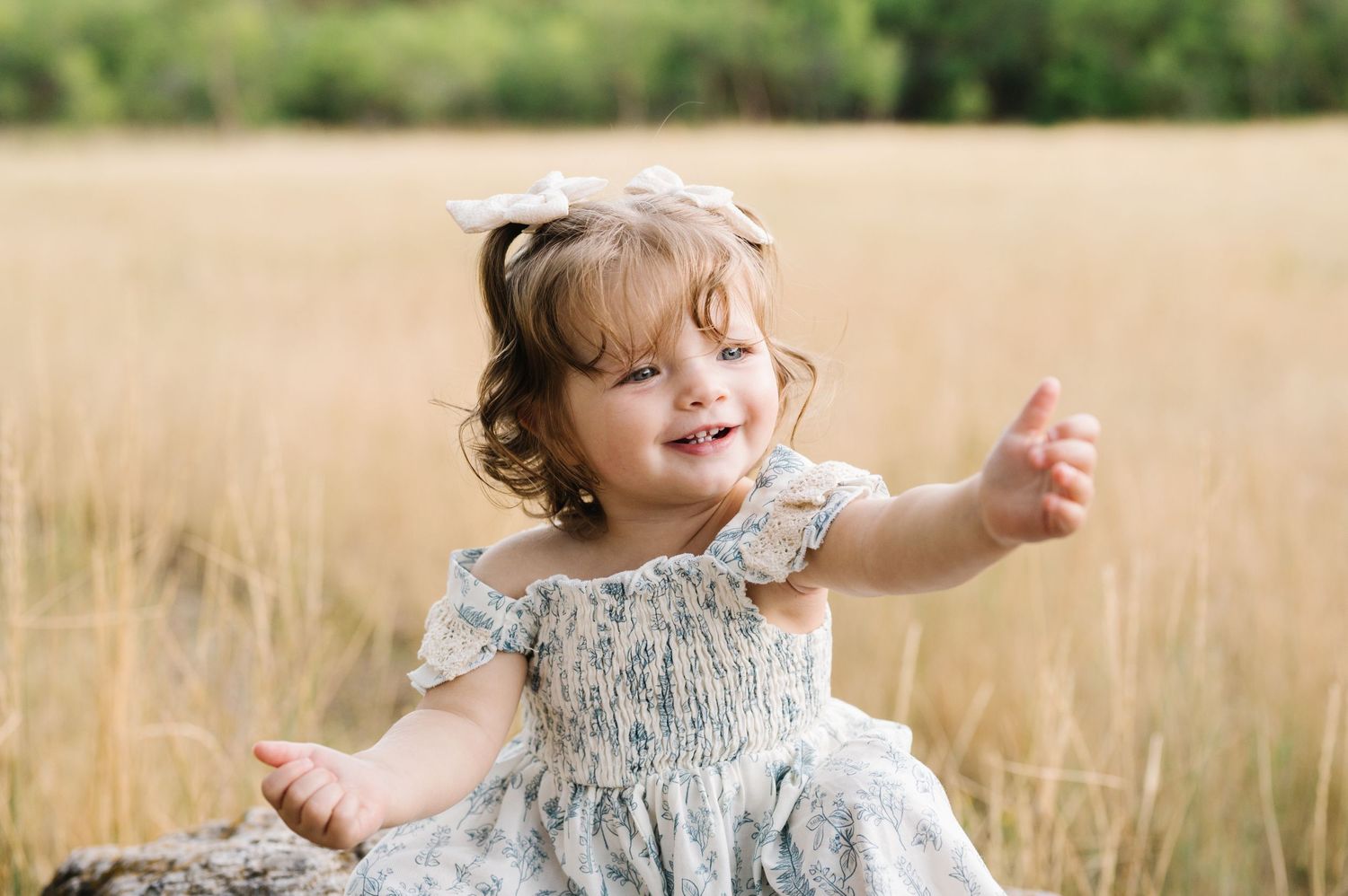 Playful toddler in a ruffled blue dress laughs while playing in a golden wheat field.
