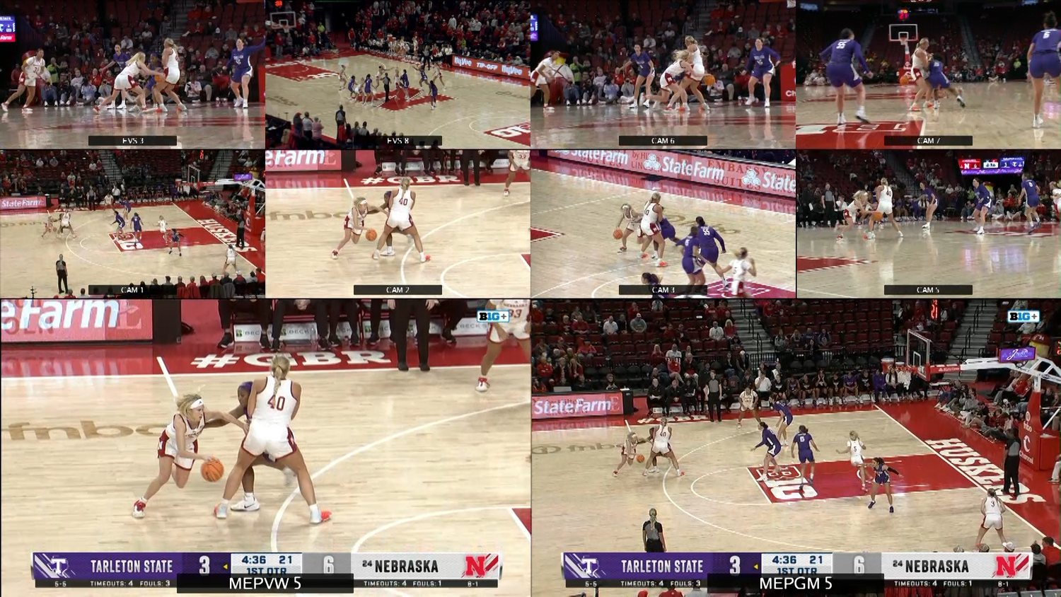 Multi-panel view of basketball game plays and action shots.