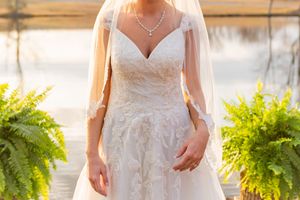 White lace wedding dress with sweetheart neckline photographed outdoors between hanging ferns at sunset.